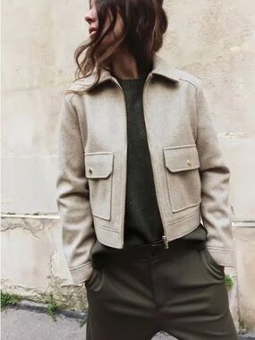 Zara Cream Cropped Wool-Blend Jacket